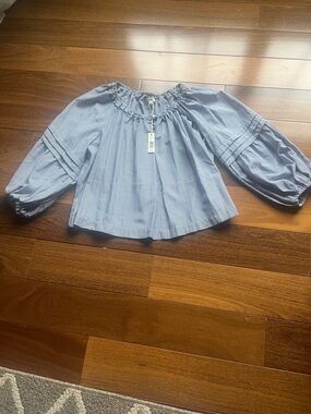 Max Studio Blue Striped Off-Shoulder Peasant Top